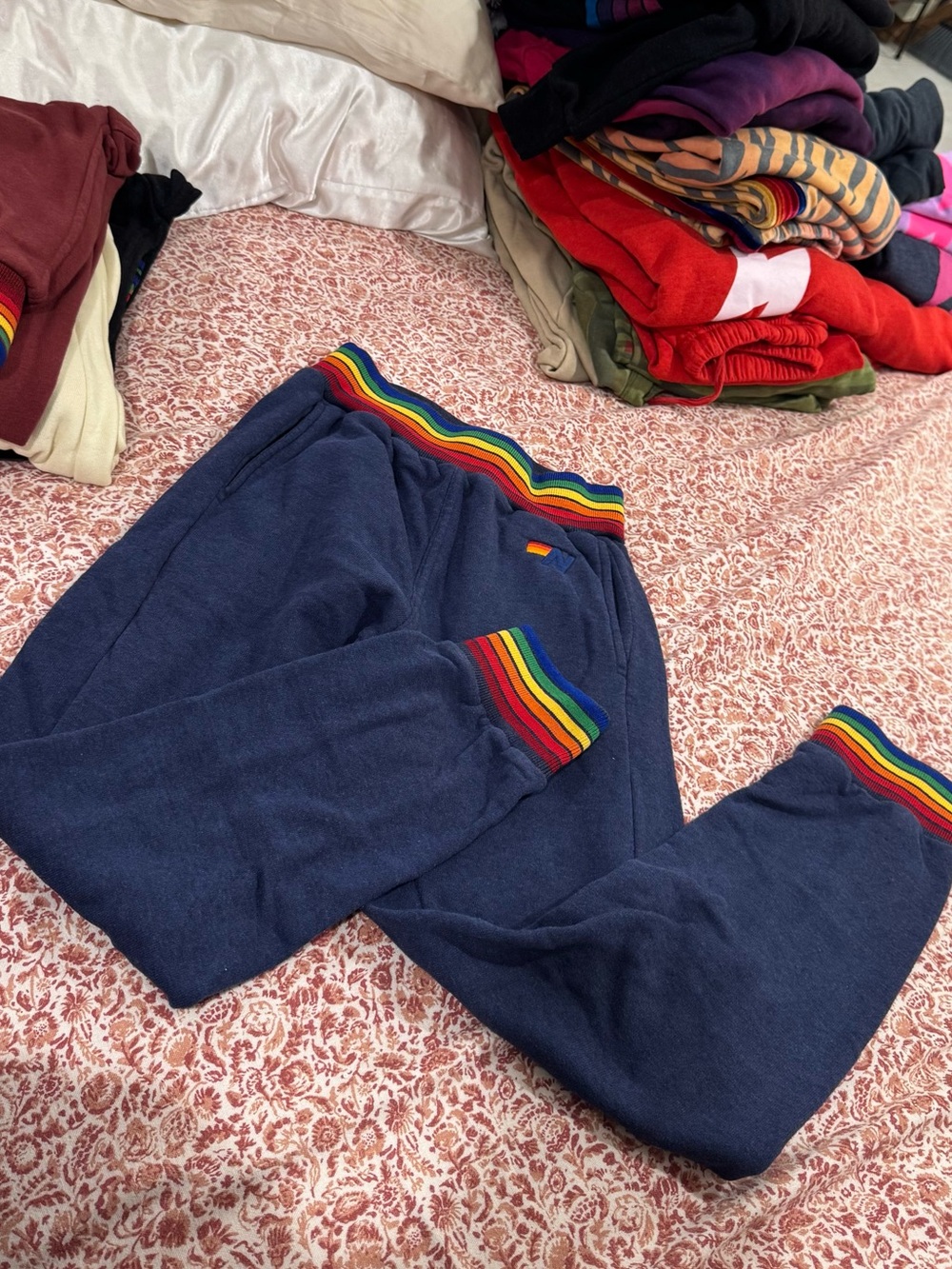 Aviator nation navy blue rainbow stripe joggers